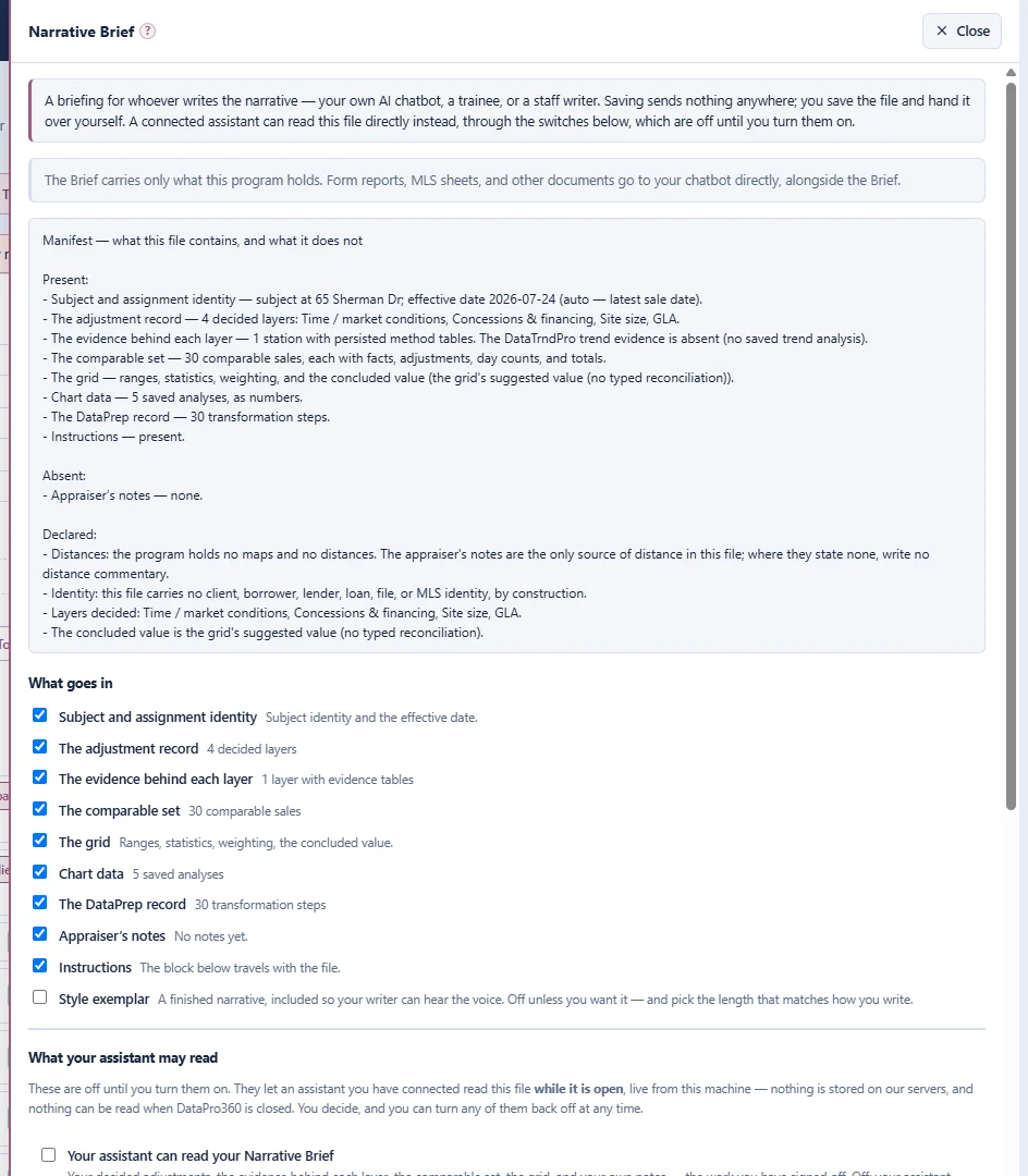 The Narrative Brief panel: the manifest naming what the file contains and what it does not, and the checklist of what goes into the Brief — the decided work an assistant reads at the Your decided work level.